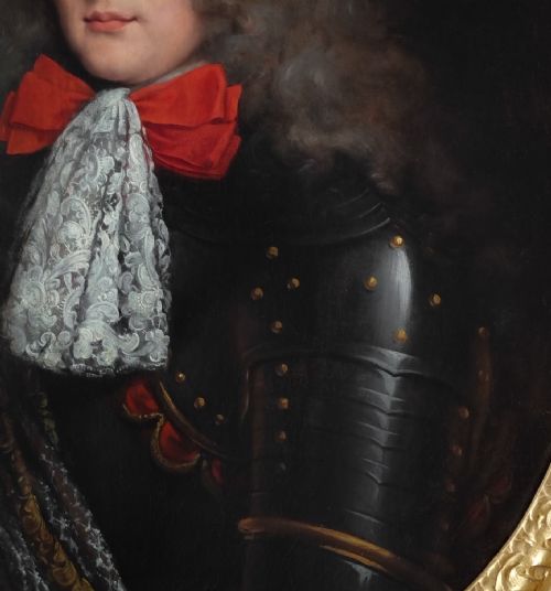1680'S PORTRAIT OF A GENTLEMAN IN A LACE CRAVAT AND ARMOUR CIRCLE OF PIERRE MIGNARD 16121695 CALLED MIGNARD LE ROMAIN ANTIQUE OIL ON CANVAS PAINTING - ADDITIONAL PHOTO 7