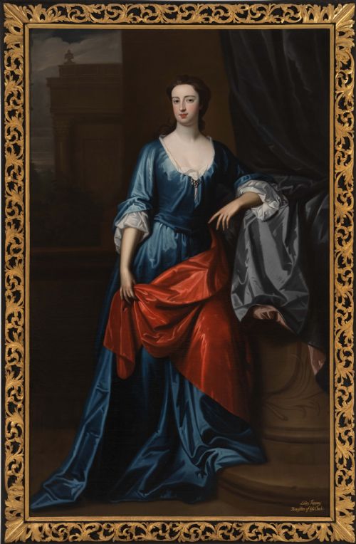 c1705 portrait of anne lady tipping cheke in a blue silk dress standing on a porch circle of sir godfrey kneller 16461723 oil on canvas - CATEGORY: ANTIQUE ART - DATED 18TH CENTURY