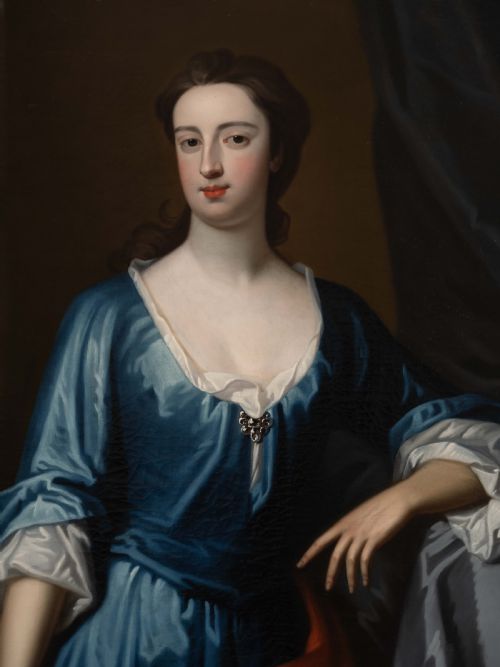 C1705 PORTRAIT OF ANNE LADY TIPPING CHEKE IN A BLUE SILK DRESS STANDING ON A PORCH CIRCLE OF SIR GODFREY KNELLER 16461723 OIL ON CANVAS - ADDITIONAL PHOTO 6