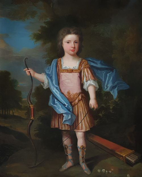 C1710 PORTRAIT OF YOUNG GENTLEMAN LORD GEORGE DOUGLAS WITH BOW AND ARROW ATTRIBUTED TO CHARLES D'AGAR 16691723 OIL ON CANVAS PAINTING - ADDITIONAL PHOTO 2