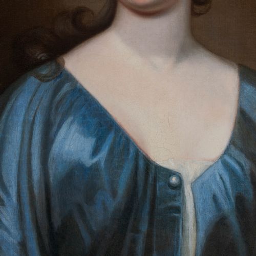 C1720 PORTRAIT OF A LADY IN A BLUE SILK DRESS CIRCLE OF JONATHAN RICHARDSON 16671745 ANTIQUE OIL ON CANVAS PAINTING - ADDITIONAL PHOTO 4