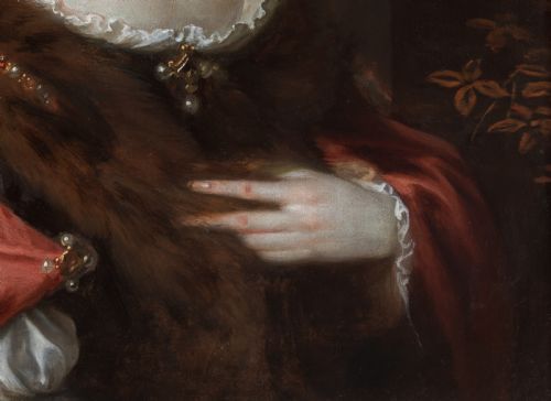 C1675 PORTRAIT OF A LADY WITH A CRIMSON WRAP AND FUR JACOB HUYSMANS C16331696 DUTCH OLD MASTER ANTIQUE OIL ON CANVAS PAINTING - ADDITIONAL PHOTO 8
