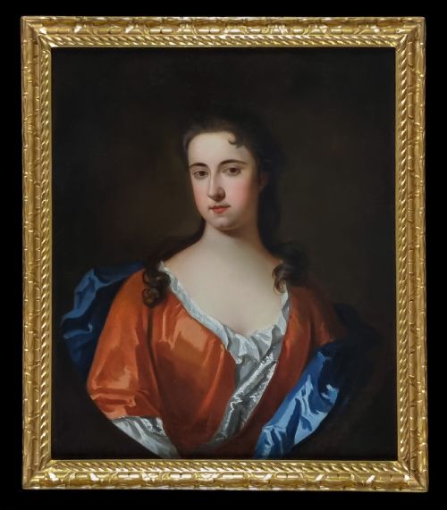 c1710 portrait of a lady in a russet silk dress circle of michael dahl 16591743 antique oil on canvas painting - CATEGORY: ANTIQUE ART - DATED 18TH CENTURY