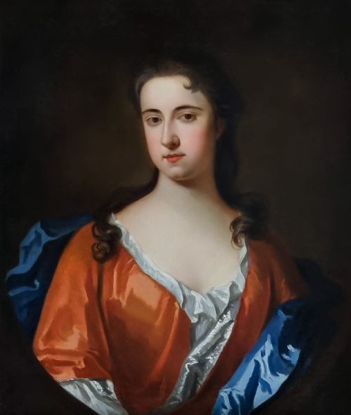 C1710 PORTRAIT OF A LADY IN A RUSSET SILK DRESS CIRCLE OF MICHAEL DAHL 16591743 ANTIQUE OIL ON CANVAS PAINTING - ADDITIONAL PHOTO 2