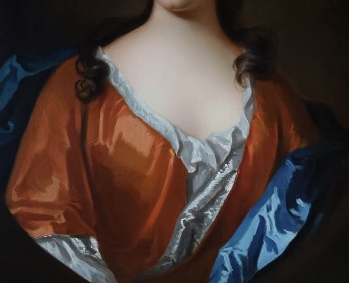 C1710 PORTRAIT OF A LADY IN A RUSSET SILK DRESS CIRCLE OF MICHAEL DAHL 16591743 ANTIQUE OIL ON CANVAS PAINTING - ADDITIONAL PHOTO 3