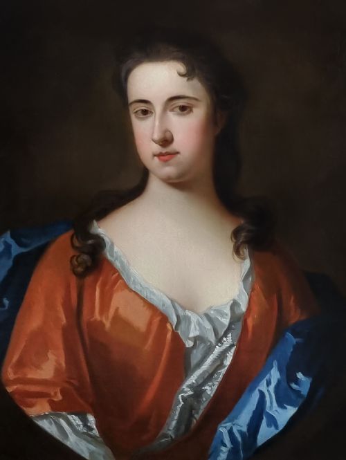 C1710 PORTRAIT OF A LADY IN A RUSSET SILK DRESS CIRCLE OF MICHAEL DAHL 16591743 ANTIQUE OIL ON CANVAS PAINTING - ADDITIONAL PHOTO 4