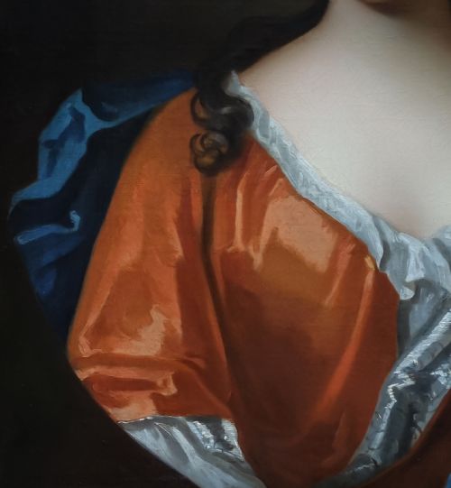 C1710 PORTRAIT OF A LADY IN A RUSSET SILK DRESS CIRCLE OF MICHAEL DAHL 16591743 ANTIQUE OIL ON CANVAS PAINTING - ADDITIONAL PHOTO 5