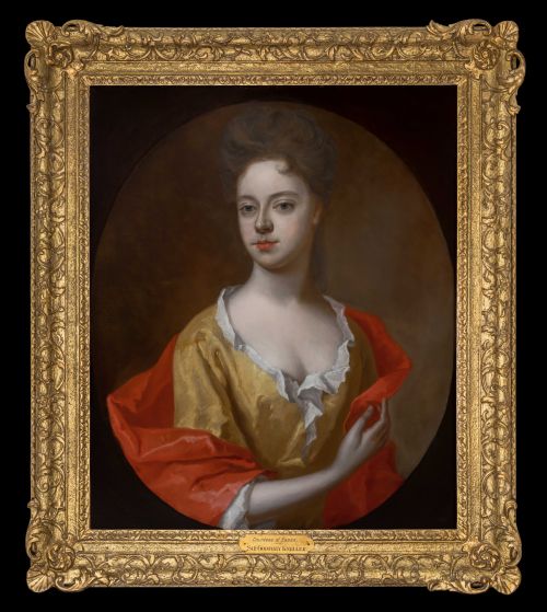 c1698 portrait of lady mary capel countess of essex in yellow silk dress red mantle circle of sir godfrey kneller oil on canvas painting - CATEGORY: ANTIQUE ART - DATED 17TH CENTURY