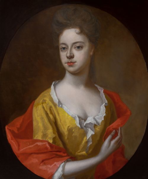 C1698 PORTRAIT OF LADY MARY CAPEL COUNTESS OF ESSEX IN YELLOW SILK DRESS RED MANTLE CIRCLE OF SIR GODFREY KNELLER OIL ON CANVAS PAINTING - ADDITIONAL PHOTO 2