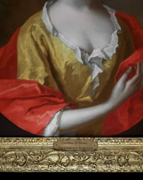 C1698 PORTRAIT OF LADY MARY CAPEL COUNTESS OF ESSEX IN YELLOW SILK DRESS RED MANTLE CIRCLE OF SIR GODFREY KNELLER OIL ON CANVAS PAINTING - ADDITIONAL PHOTO 7