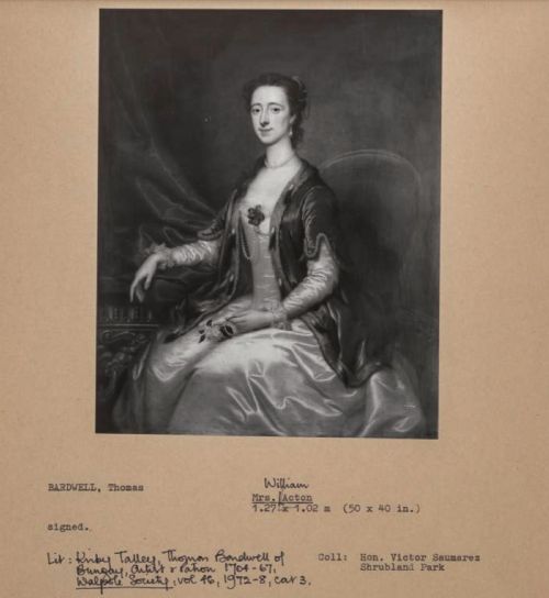 PORTRAIT OF A LADY MRS WILLIAM ACTON OF BRAMFORD HALL IN A SILK DRESS AND BLUE FURTRIMMED CAPE C1740 SIGNED THOMAS BARDWELL 17041767 - ADDITIONAL PHOTO 6