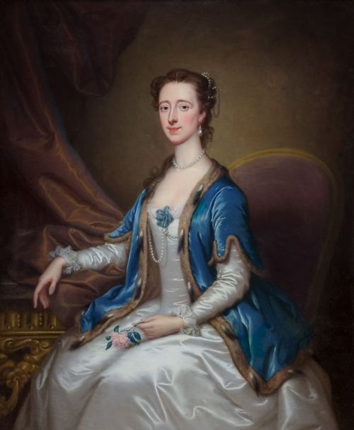 PORTRAIT OF A LADY MRS WILLIAM ACTON OF BRAMFORD HALL IN A SILK DRESS AND BLUE FURTRIMMED CAPE C1740 SIGNED THOMAS BARDWELL 17041767 - ADDITIONAL PHOTO 7