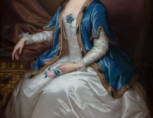 PORTRAIT OF A LADY MRS WILLIAM ACTON OF BRAMFORD HALL IN A SILK DRESS AND BLUE FURTRIMMED CAPE C1740 SIGNED THOMAS BARDWELL 17041767 - ADDITIONAL PHOTO 8