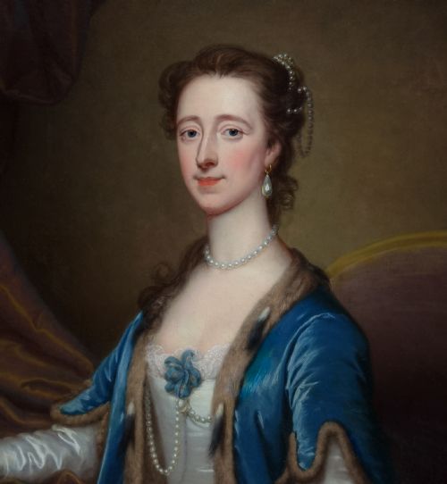 PORTRAIT OF A LADY MRS WILLIAM ACTON OF BRAMFORD HALL IN A SILK DRESS AND BLUE FURTRIMMED CAPE C1740 SIGNED THOMAS BARDWELL 17041767 - ADDITIONAL PHOTO 11