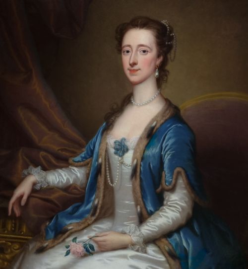 PORTRAIT OF A LADY MRS WILLIAM ACTON OF BRAMFORD HALL IN A SILK DRESS AND BLUE FURTRIMMED CAPE C1740 SIGNED THOMAS BARDWELL 17041767 - ADDITIONAL PHOTO 13