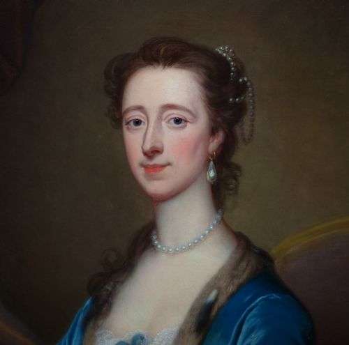 PORTRAIT OF A LADY MRS WILLIAM ACTON OF BRAMFORD HALL IN A SILK DRESS AND BLUE FURTRIMMED CAPE C1740 SIGNED THOMAS BARDWELL 17041767 - ADDITIONAL PHOTO 14