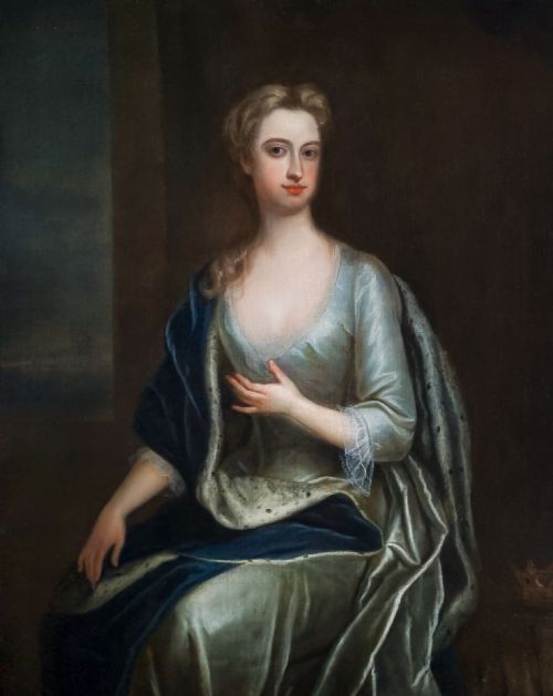 PORTRAIT OF A LADY FRANCES VISCOUNTESS SCUDAMORE IN A SILVER DRESS AND BLUE CLOAK C17091719 BY CHARLES JERVAS 16751739 OIL ON CANVAS PAINTING - ADDITIONAL PHOTO 2