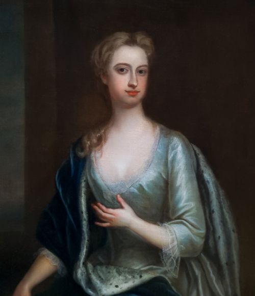 PORTRAIT OF A LADY FRANCES VISCOUNTESS SCUDAMORE IN A SILVER DRESS AND BLUE CLOAK C17091719 BY CHARLES JERVAS 16751739 OIL ON CANVAS PAINTING - ADDITIONAL PHOTO 3