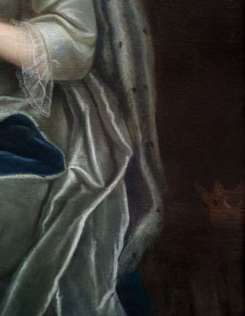 PORTRAIT OF A LADY FRANCES VISCOUNTESS SCUDAMORE IN A SILVER DRESS AND BLUE CLOAK C17091719 BY CHARLES JERVAS 16751739 OIL ON CANVAS PAINTING - ADDITIONAL PHOTO 6