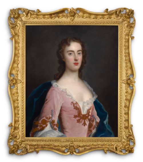 C1750 PORTRAIT OF A LADY JANE WOOD IN A PINK DRESS FINE CARVED AND GILDED FRAME BY JOHN THEODORE HEINS 16971756 OIL ON CANVAS PAINTING - ADDITIONAL PHOTO 5