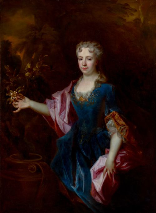 C1720 PORTRAIT OF A LADY IN BLUE HOLDING A FLOWER MARIEMADELEINE DE CHAMILLART STUDIO OF ROBERT LEVRACTOURNIRES 16671752 OIL ON CANVAS PAINTING - ADDITIONAL PHOTO 3