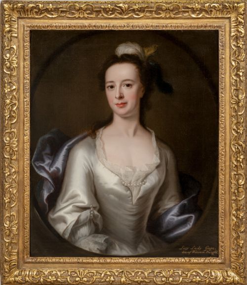 portrait of lucy gage nee knight in a white satin dress and blue wrap signed dated 1748 by john theodore heins 16971756 hengrave hall provenance oil on canvas - CATEGORY: ANTIQUE ART - DATED 18TH CENTURY