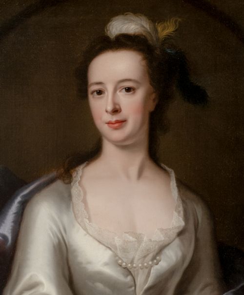 PORTRAIT OF LUCY GAGE NEE KNIGHT IN A WHITE SATIN DRESS AND BLUE WRAP SIGNED DATED 1748 BY JOHN THEODORE HEINS 16971756 HENGRAVE HALL PROVENANCE OIL ON CANVAS - ADDITIONAL PHOTO 5
