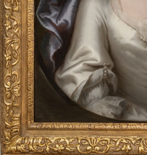 PORTRAIT OF LUCY GAGE NEE KNIGHT IN A WHITE SATIN DRESS AND BLUE WRAP SIGNED DATED 1748 BY JOHN THEODORE HEINS 16971756 HENGRAVE HALL PROVENANCE OIL ON CANVAS - ADDITIONAL PHOTO 7