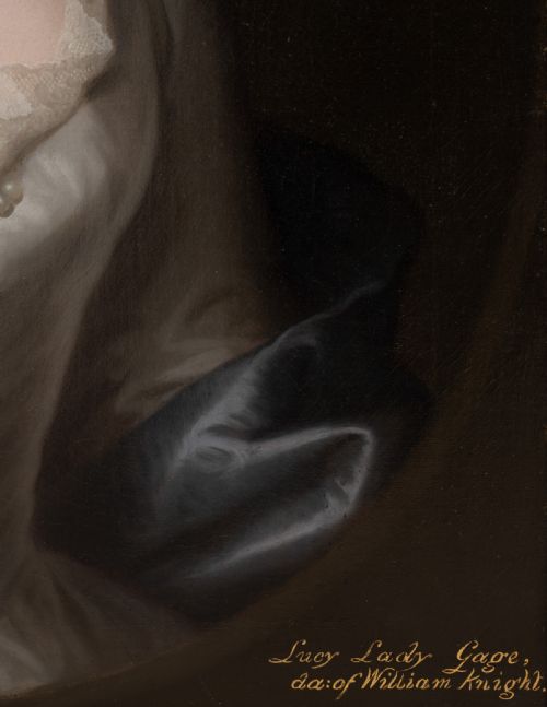 PORTRAIT OF LUCY GAGE NEE KNIGHT IN A WHITE SATIN DRESS AND BLUE WRAP SIGNED DATED 1748 BY JOHN THEODORE HEINS 16971756 HENGRAVE HALL PROVENANCE OIL ON CANVAS - ADDITIONAL PHOTO 8