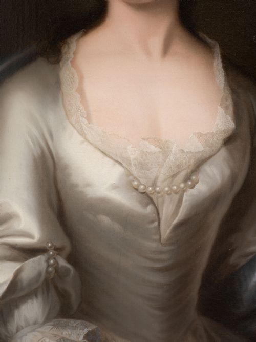 PORTRAIT OF LUCY GAGE NEE KNIGHT IN A WHITE SATIN DRESS AND BLUE WRAP SIGNED DATED 1748 BY JOHN THEODORE HEINS 16971756 HENGRAVE HALL PROVENANCE OIL ON CANVAS - ADDITIONAL PHOTO 9