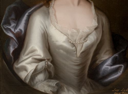 PORTRAIT OF LUCY GAGE NEE KNIGHT IN A WHITE SATIN DRESS AND BLUE WRAP SIGNED DATED 1748 BY JOHN THEODORE HEINS 16971756 HENGRAVE HALL PROVENANCE OIL ON CANVAS - ADDITIONAL PHOTO 10