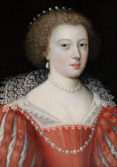 PORTRAIT OF A LADY WITH SCARLET DRESS LACE COLLAR AND PEARL JEWELLERY C1620 BY CLAUDE DERUET 15881660 OIL ON PANEL PAINTING - ADDITIONAL PHOTO 2