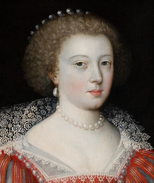 PORTRAIT OF A LADY WITH SCARLET DRESS LACE COLLAR AND PEARL JEWELLERY C1620 BY CLAUDE DERUET 15881660 OIL ON PANEL PAINTING - ADDITIONAL PHOTO 4