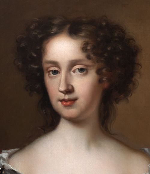 C1675 PORTRAIT OF A LADY IN A RUSSET DRESS AND BLUE WRAP BY MARY BEALE OIL ON CANVAS - ADDITIONAL PHOTO 3