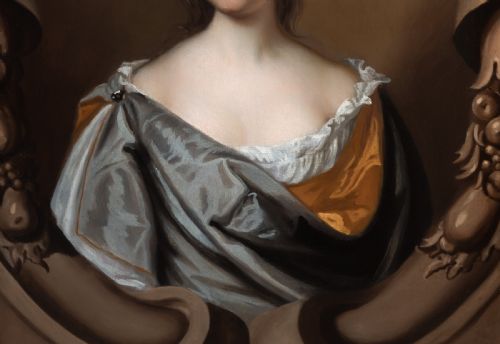 C1675 PORTRAIT OF A LADY IN A RUSSET DRESS AND BLUE WRAP BY MARY BEALE OIL ON CANVAS - ADDITIONAL PHOTO 4
