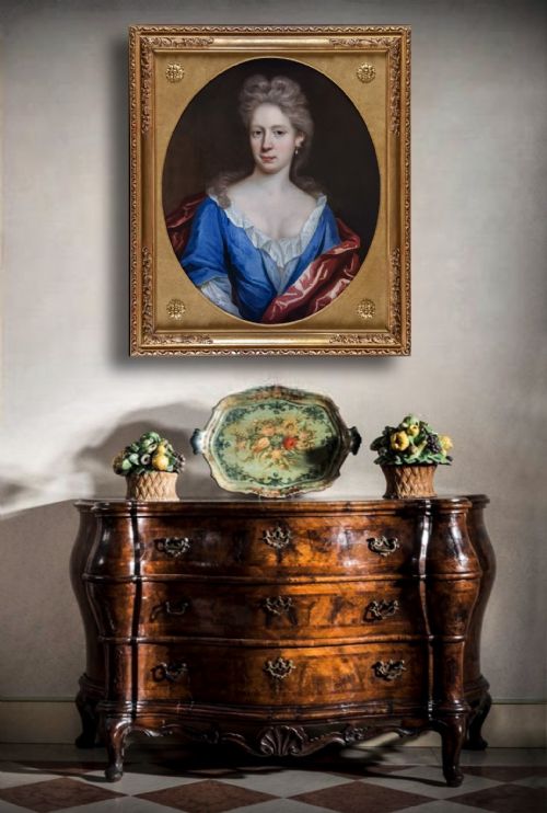 C1695 PORTRAIT OF A LADY IN BLUE SILK DRESS AND CRIMSON MANTLE BY THOMAS MURRAY 16631735 OIL ON CANVAS PAINTING - ADDITIONAL PHOTO 1