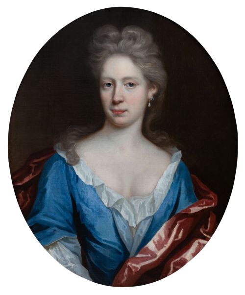 C1695 PORTRAIT OF A LADY IN BLUE SILK DRESS AND CRIMSON MANTLE BY THOMAS MURRAY 16631735 OIL ON CANVAS PAINTING - ADDITIONAL PHOTO 3
