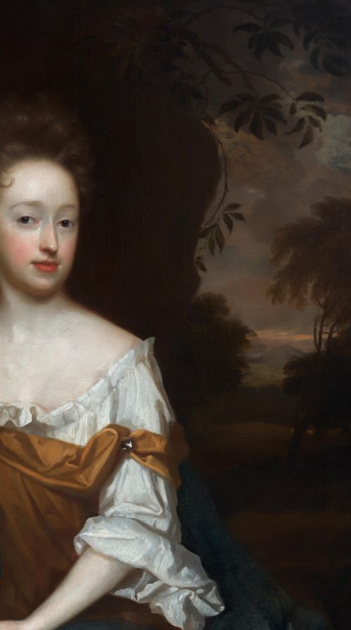 PORTRAIT OF A LADY BESIDE A WOODLAND STREAM HOLDING A SHELL C1690 BY HERMAN VERELST 16411702 ANTIQUE OIL ON CANVAS PAINTING - ADDITIONAL PHOTO 3