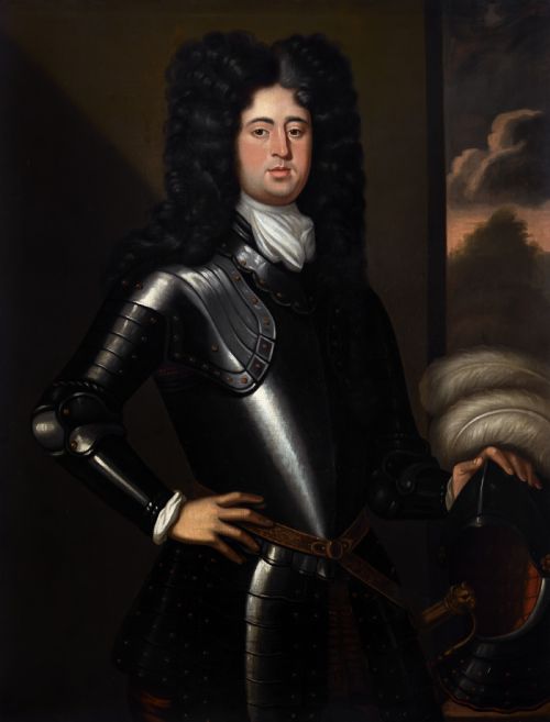 PORTRAIT OF A GENTLEMAN IN ARMOUR BESIDE A TABLE WITH HELMUT C1685 FOLLOWER OF JOHANN KERSEBOOM D1708 OIL ON CANVAS PAINTING - ADDITIONAL PHOTO 5