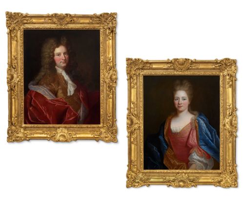 portrait of a lady portrait of gentleman in velvet silk attire c1700 circle of nicolas de largilliere 16561746 oil on canvas - CATEGORY: ANTIQUE ART - DATED 18TH CENTURY