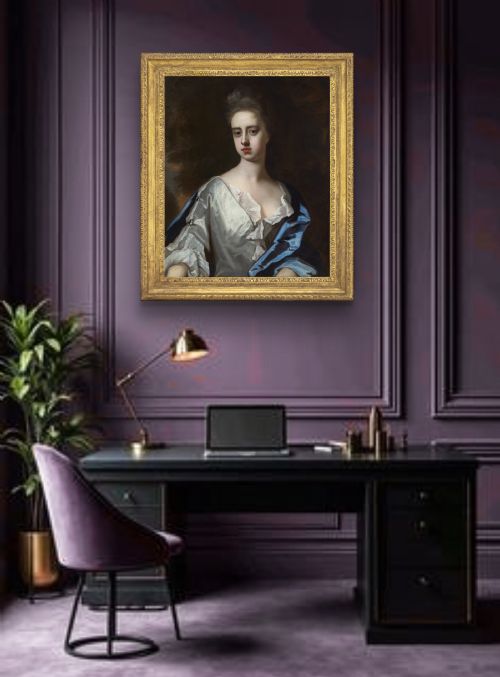 PORTRAIT OF A LADY IN WHITE DRESS AND BLUE MANTLE FRANCES LADY BERKELEY C1695 BY MICHAEL DAHL 16591743 OIL ON CANVAS PAINTING - ADDITIONAL PHOTO 1