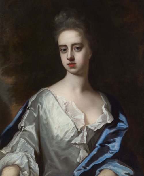 PORTRAIT OF A LADY IN WHITE DRESS AND BLUE MANTLE FRANCES LADY BERKELEY C1695 BY MICHAEL DAHL 16591743 OIL ON CANVAS PAINTING - ADDITIONAL PHOTO 2