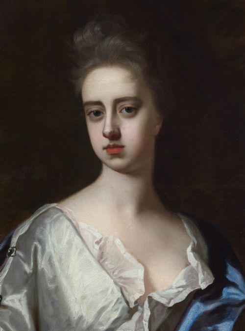 PORTRAIT OF A LADY IN WHITE DRESS AND BLUE MANTLE FRANCES LADY BERKELEY C1695 BY MICHAEL DAHL 16591743 OIL ON CANVAS PAINTING - ADDITIONAL PHOTO 4