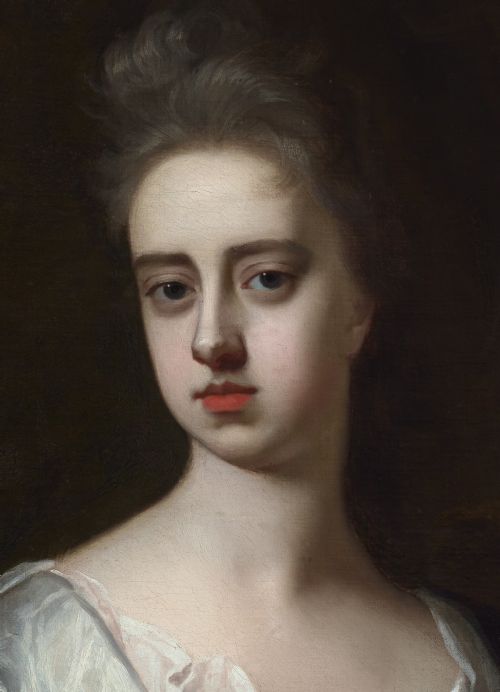 PORTRAIT OF A LADY IN WHITE DRESS AND BLUE MANTLE FRANCES LADY BERKELEY C1695 BY MICHAEL DAHL 16591743 OIL ON CANVAS PAINTING - ADDITIONAL PHOTO 5