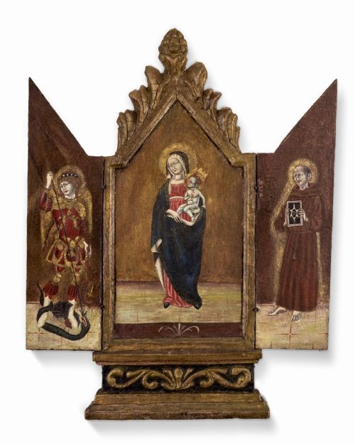 triptych of madonna and child st michael st anthony 17th century oil painting - CATEGORY: ANTIQUE ART - DATED 17TH CENTURY