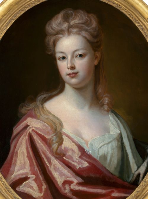 PORTRAIT OF A LADY ELIZABETH WRAY IN A SILK DRESS PINK WRAP C1698 CIRCLE OF MICHAEL DAHL OIL ON CANVAS - ADDITIONAL PHOTO 4