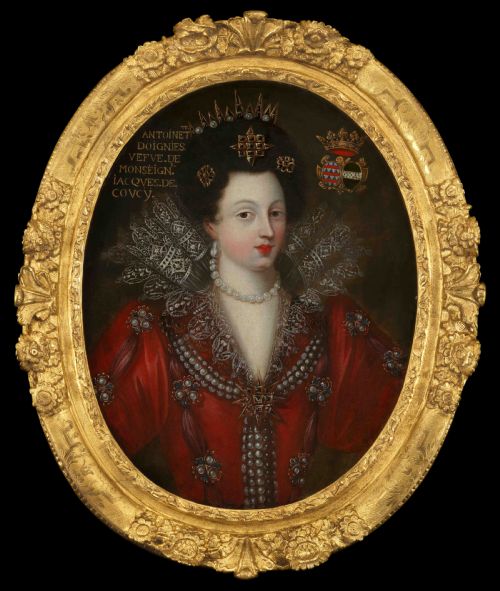 portrait of antoinette coucy in an elaborate red dress with lace jewels c1605 17th century french school oil on canvas - CATEGORY: ANTIQUE ART - DATED 17TH CENTURY