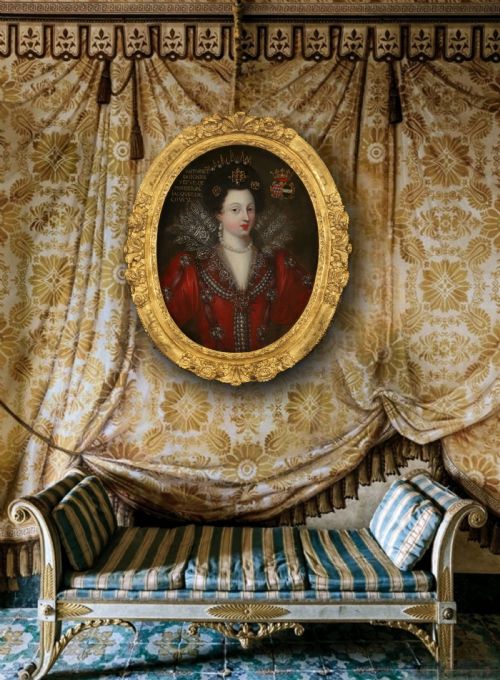 PORTRAIT OF ANTOINETTE COUCY IN AN ELABORATE RED DRESS WITH LACE JEWELS C1605 17TH CENTURY FRENCH SCHOOL OIL ON CANVAS - ADDITIONAL PHOTO 3