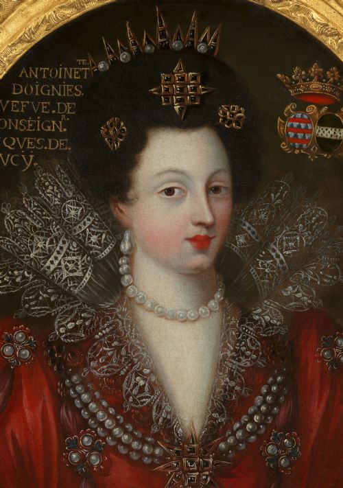 PORTRAIT OF ANTOINETTE COUCY IN AN ELABORATE RED DRESS WITH LACE JEWELS C1605 17TH CENTURY FRENCH SCHOOL OIL ON CANVAS - ADDITIONAL PHOTO 6