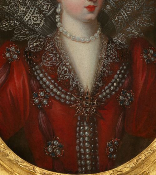 PORTRAIT OF ANTOINETTE COUCY IN AN ELABORATE RED DRESS WITH LACE JEWELS C1605 17TH CENTURY FRENCH SCHOOL OIL ON CANVAS - ADDITIONAL PHOTO 7